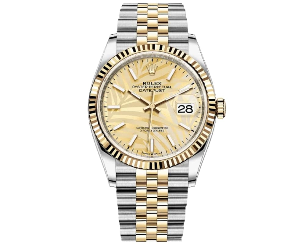 Rolex Datejust 36 w wersji ze stali i żółtego złota, ze złotą tarczą w motyw liści palmowych i bransoletą Jubilee